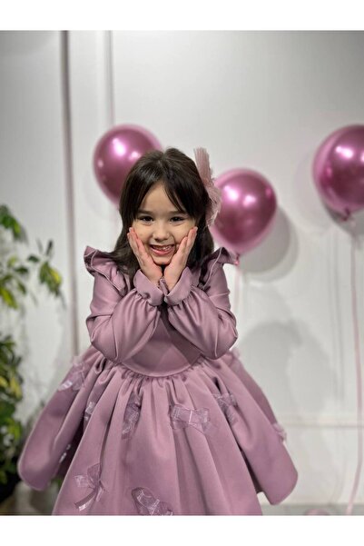 Sare Çocuk Giyim Deluxe Collection Κοριτσίστικο Φόρεμα Πάρτι με Μακρύ Μανίκι Ειδικού Σχεδιασμού με Λιλά Σατέν Μωβ Φιόγκο