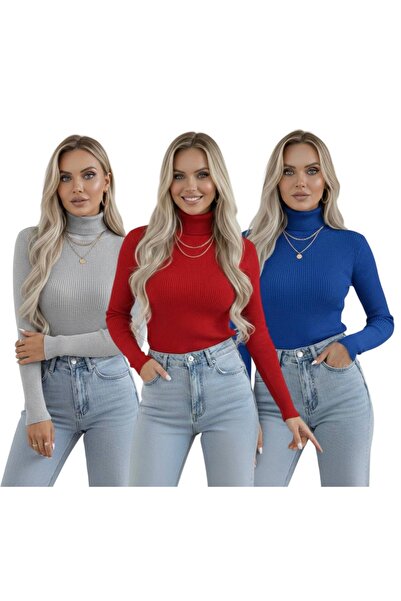 hashtag High-Necked Long Sleeve Women's Bodysuit Sweater Set of 3 - Red Main Colors