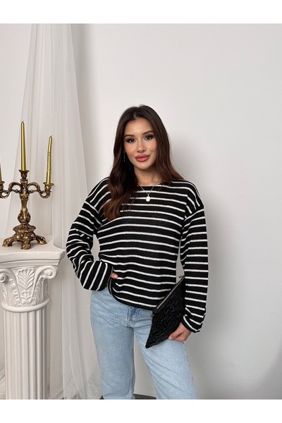 Hatun Atila Women's Crew Neck Striped Oversized Knitwear Sweater 8955 - Black