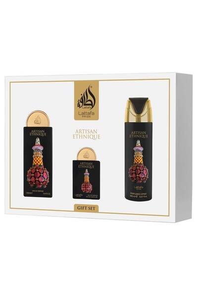 lattafa pride مجموعة هدايا أرتيسان إثنيك - 3 قطع (عطر 100 مل، عطر 20 مل، مزيل...