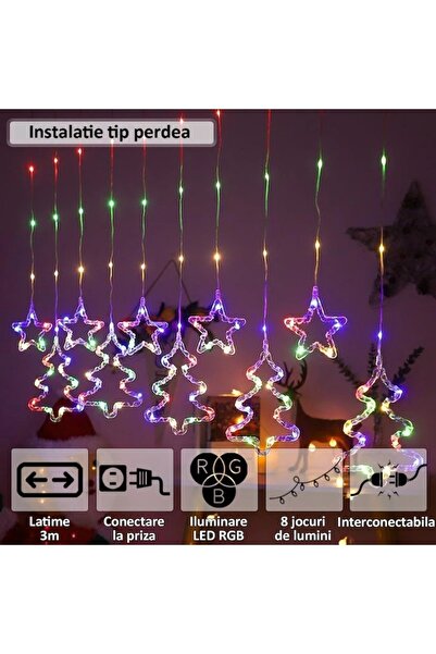 Fabrilux RGB LED Curtain Light 3m with Stars and Trees, 8 Light Modes, Plug-In, Interconnectable
