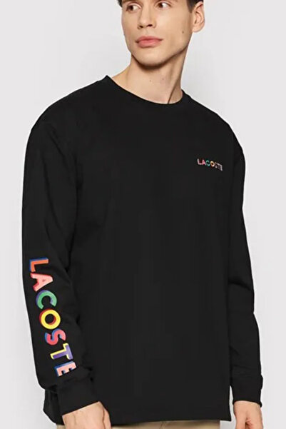 Lacoste سويت شيرت أسود للجنسين من القطن والصوف المطرز برقبة دائرية