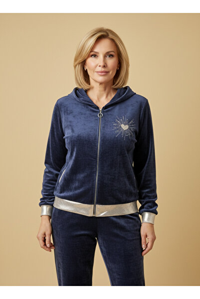 İTALYAN İnce Fitilli Kadife Varak ve Taş Detaylı Sweat Kapüşonlu Ceket