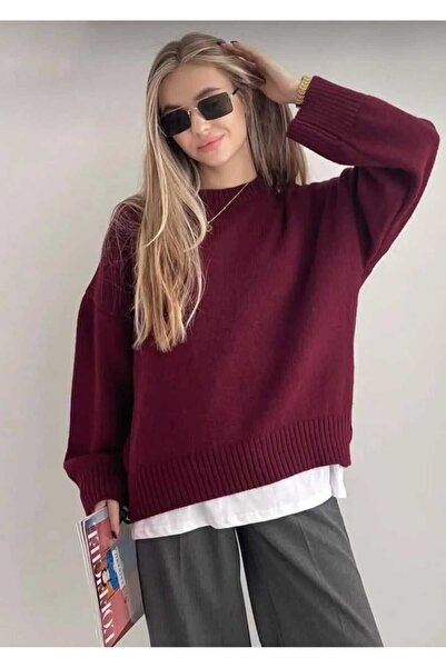 LUVON Pulover de damă oversize cu gât roșu Claret