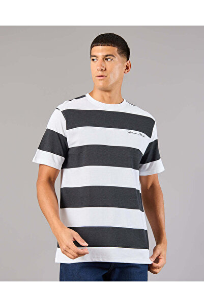 REDTAG Men White And Black Striped Basic T-Shirt