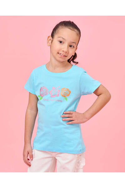 REDTAG Girls Blue Floral Print T-Shirt