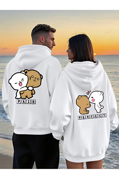 NEVERMIND Dear Lover Matching Hoodie Couple Sweatshirt – Special Teddy Bear for Couples Printed Pair Perfect Hooded Oversized