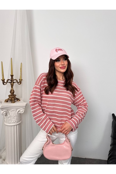 Hatun Atila Women's Crew Neck Striped Oversized Knitwear Sweater 8955 - Pink