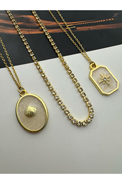 roshel 3'lü Çelik Kolye Seti Deniz Kabuğu-Su Yolu-Kuzey Yıldızı Altın Renk