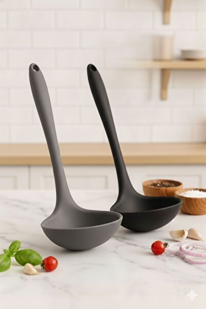 TARIK HOME 28 Cm. Set of 2 Silicone Soup Ladles - Heat Resistant Hard Tip Black & Gray