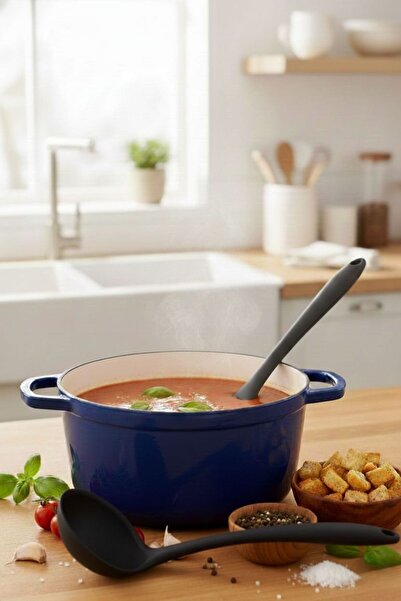 TARIK HOME 28 Cm. Set of 2 Silicone Soup Ladles - Heat Resistant Hard Tip Black & Gray