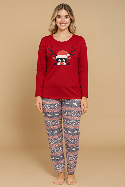 Glazy Women's Winter Combed Cotton Pajama Set – Christmas Pattern Long Sleeve Top + Patterned Bottoms – Soft Fabric