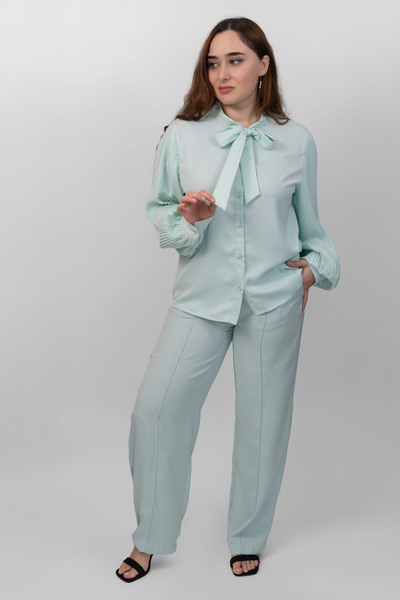 LINELLE Ladies Co-Ord Set – Soft Crepe Shirt with Full Sleeves with Pleated and Tie-Detail, Solid Pant