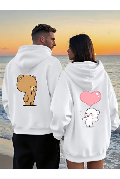 NEVERMIND Dear Lover Matching Hoodie – Teddy Bear Printed Hearts Couple Sweatshirt Unisex Hooded Oversized