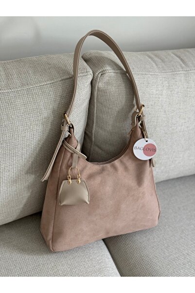 BAGLOVİS Suede Beige Women's Shoulder Bag with Hanging Bag Detail En34 Boy22