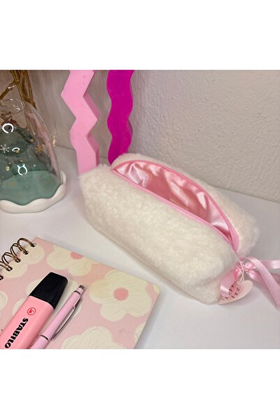 PİNKUE Peluş Soft Kalemlik / Makyaj Çantası – Pembe Saten Astarlı – Minimal Tasarım