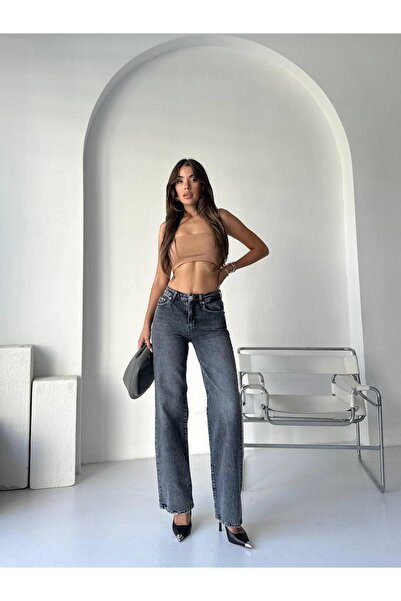 ogonline Straight Model Wide Leg High Waist Women's Jeans Stretch Fabric 100% Cotton Gray