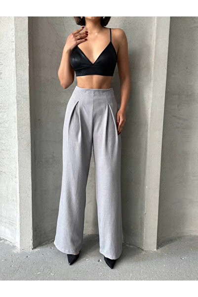 ZENGEZUR MALL Sptrns Pleated Linen Trousers S255046 Gray (232556) (Size: m)