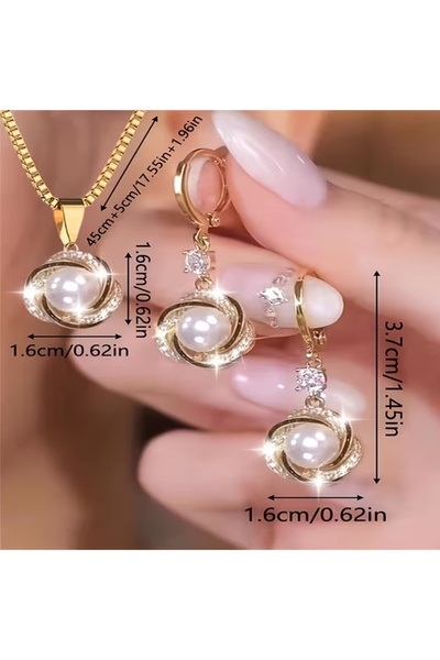 SEVAS GOLD Gold Color Women's Pearl Necklace and Black Enamel Earrings Set