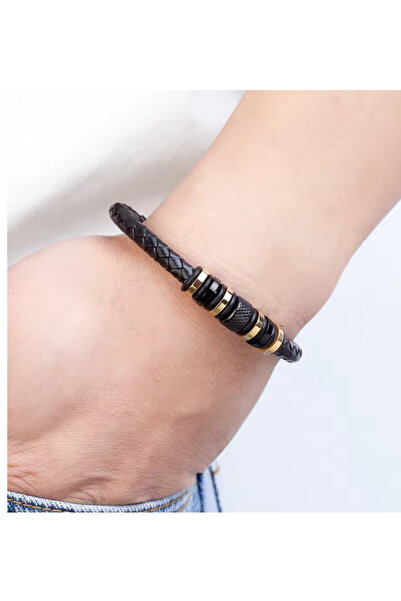 OEM Brățară Bărbați New Icon din Piele Împletită cu Accente Metalice Aurii și Negre