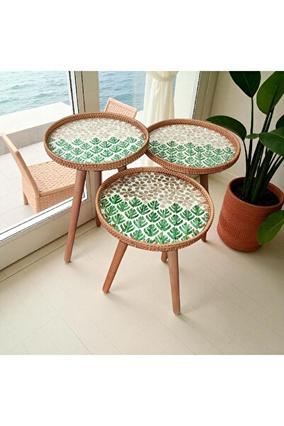 Toprak Design Üçlü (Tabla çapı:35cm) Mozaik Kaplamalı Rattan Zigon sehpa, Bohem tasarım yan sehpa