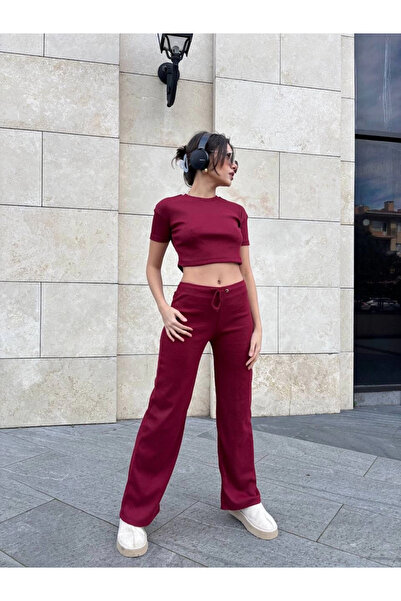 ZENGEZUR MALL Sptrns Wide Leg Pants Top and Bottom Set Burgundy (231113) (Size: S)