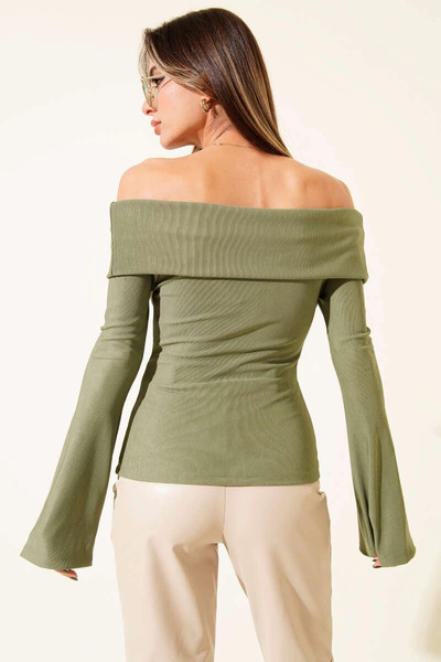 ZENGEZUR MALL Sptrns Open Shoulder Zippered Blouse Khaki T4330 (225517) (Size: XL)