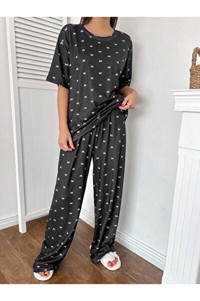 pijamapuff ADIN PANTOLON KISA KOL PİJAMA TAKIMI FÜME MİNİ BEYAZ FİYONKLU