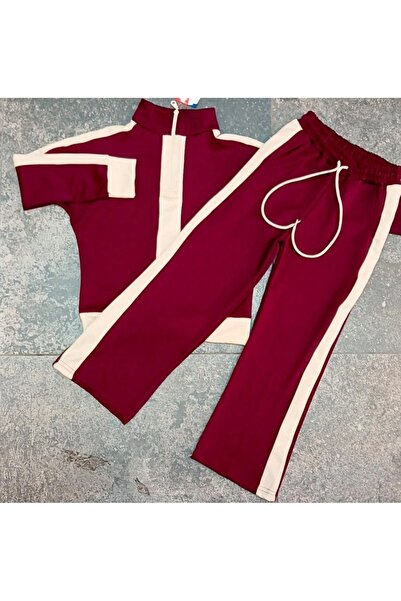 YUMİYUMM 3-10 Years Old Girl's Burgundy-White Striped Tracksuit Set