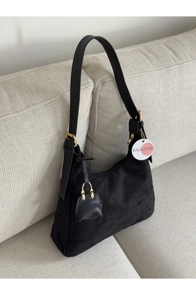 BAGLOVİS Black Suede Women's Shoulder Bag with Hanging Bag Detail En34 Boy22