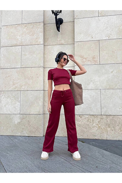 ZENGEZUR MALL Sptrns Wide Leg Pants Top and Bottom Set Burgundy (231113) (Size: S)