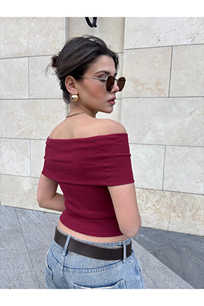 ZENGEZUR MALL Sptrns Madonna Collar Zero Sleeve Blouse Burgundy (232027) (Size: S)