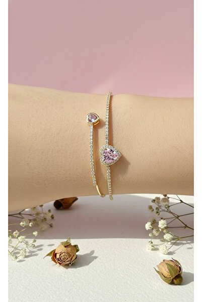 İnci Zirkon taşlı pembe kalp detaylı bileklik