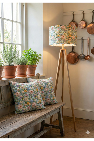 Otay Ev Dekorasyon İnci Çiçeği Desenli Dijital Baskılı Kumaş Lambader Başlığı ( Sadece Başlık )