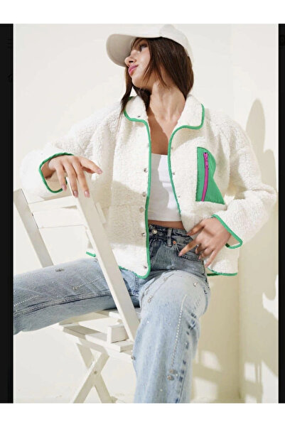 ZENGEZUR MALL Sptrns Green Zipper Pocket Lamb Coat White T1085 (230814) (Size: m)