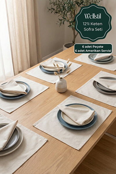 Wellstil نسيج |   طقم تقديم أدوات المائدة الكتانية مكون من 12 قطعة، 6 مناديل، 6 أطباق أمريكية