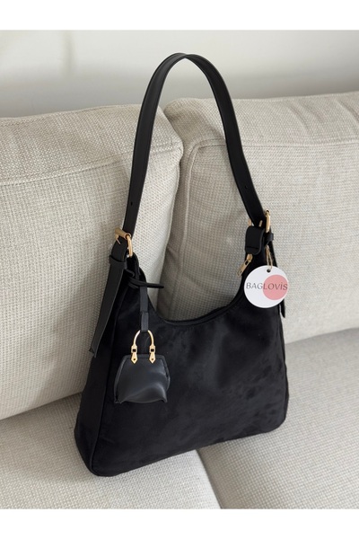 BAGLOVİS Black Suede Women's Shoulder Bag with Hanging Bag Detail En34 Boy22