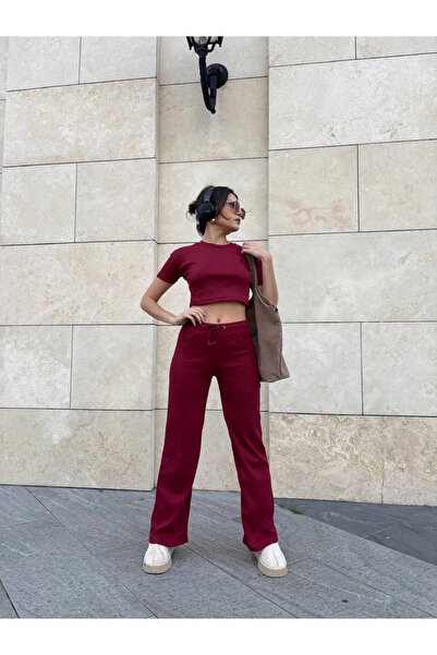 ZENGEZUR MALL Sptrns Wide Leg Pants Top and Bottom Set Burgundy (231113) (Size: S)