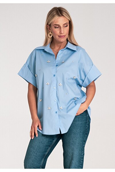 Figl Cămașă cu strasuri - Cămașă cu mânecă scurtă pentru femei - Cămașă albastră M1226 Mărimea L/XL