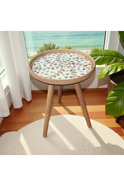 Toprak Design Tekli ( Tabla çapı:35cm) Mozaik Kaplamalı Rattan Zigon sehpa, Bohem tasarım yan sehpa