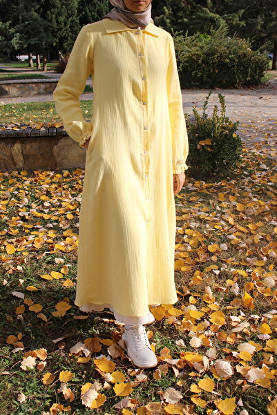 suara Düğmeli Müslin Ferace | %100 Pamuklu | Tereyağ Sarısı