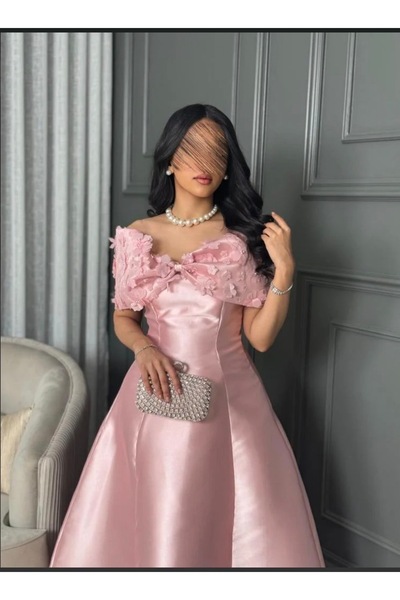 STAYILK DRESSES Pink evening dress with a royal design and off-the-shoulder sleeves