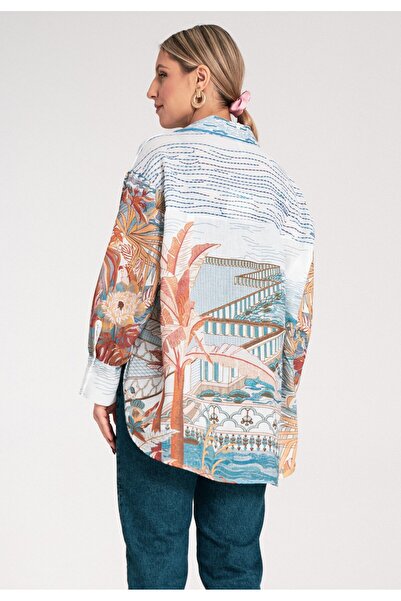 Figl Cămașă lejeră supradimensionată asimetrică albastră de damă M1146 Universal