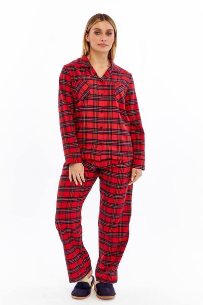 MADE BY ALİSHA Red Plaid Cotton Front Buttoned Women's Pajama Set