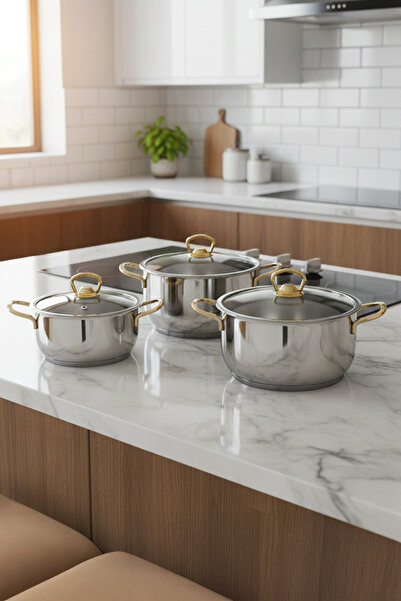 brahimigold 3-Piece Gold Stainless Steel Cookware Set Small Size – Gold Handles, Induction Compatible, Cookware 16-18-20 cm