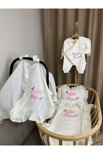 handemnakış tasarım İsimli Nakışlı Müslin 5'li Hastane Çıkış Seti -Battaniye ...