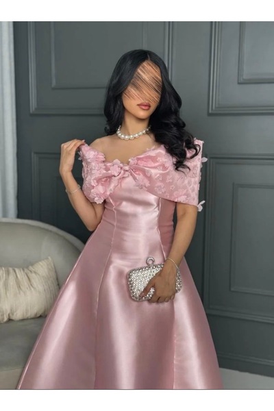 STAYILK DRESSES Pink evening dress with a royal design and off-the-shoulder sleeves