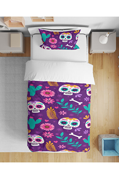 Home Colorful 3D Digital Printed Single Person Sheetless Duvet Cover Set with Skull and Flower Theme Sleeping Set