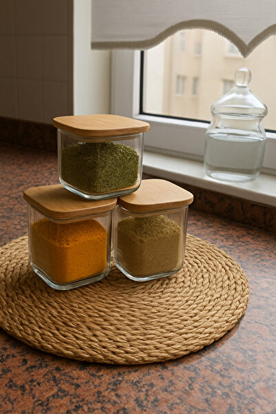 Noah Exclusive 3'lı Bambu Vakumlu Kare Kapaklı Cam Kahvaltılık Çok Amaçlı Bor...