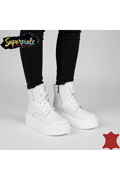 virboti Women's white fur-lined casual leather boots with thick sole